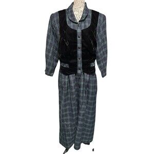 Vintage Prairie Dress Plus 16 Blue Green Plaid  Cottagecore Farm School Country